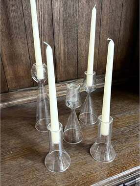 CB2 Clear Glass Taper Candle Holders Set of 5 Modern Graduated Heights